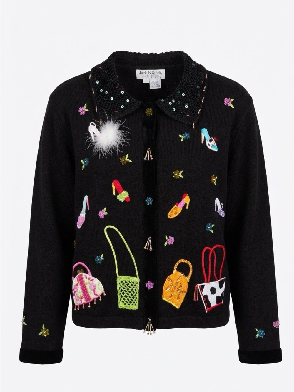 Vtg JACK B QUICK Heels & Purses Cardigan Sweater Womens Sz Large Embellished